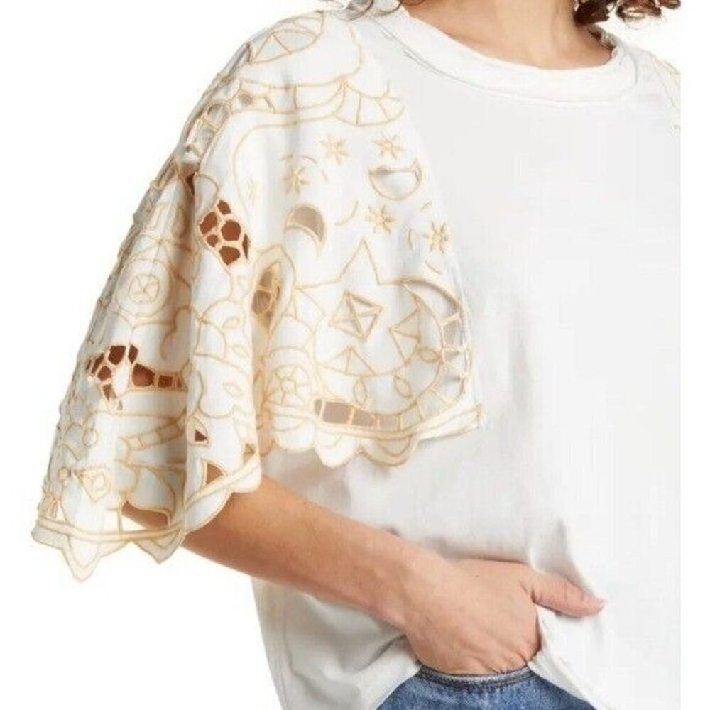 Free People Angel Embroidered Flutter Sleeve Cotton T-Shirt White - XS - Picture 2 of 12